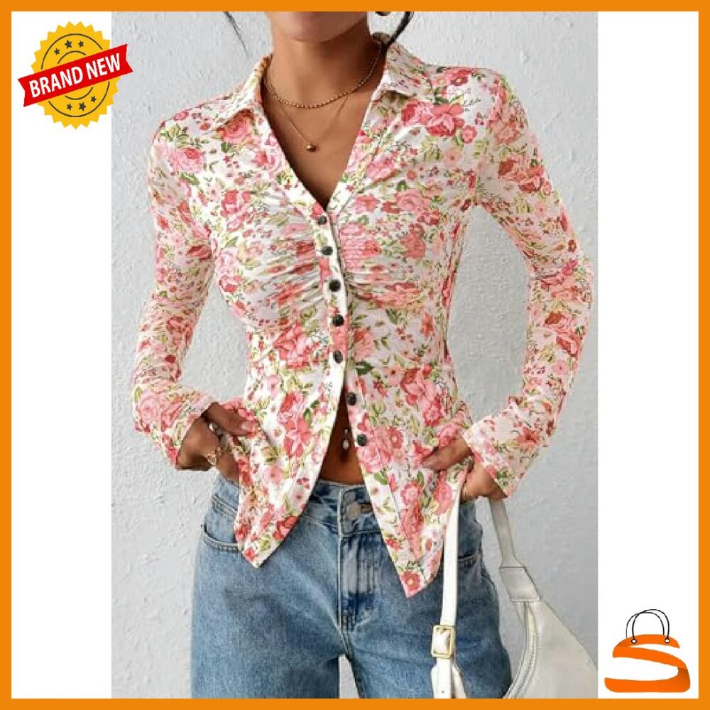 Long Sleeve Mesh Button Down Blouse V-Neck Boho Floral Top - Picture 3 of 8